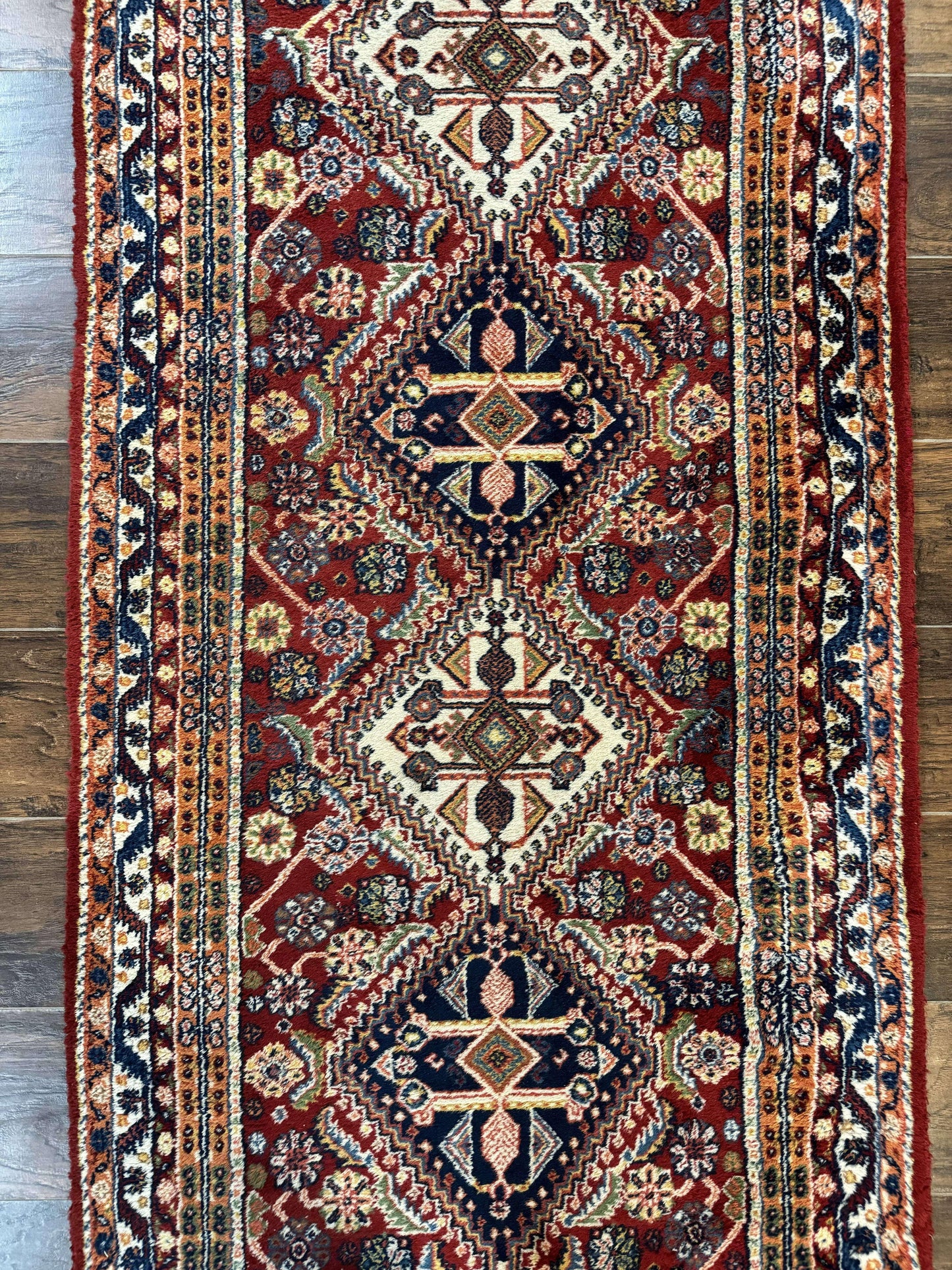 Persian Qashqai Runner Rug 3x13 Wool Hand Knotted Red Ivory Blue Geometric Medallions