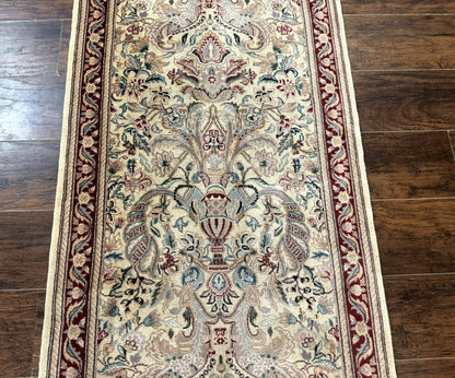 Pakistani Runner Rug 2.8 x 14 Handmade Wool Cream Floral Hallway Accent