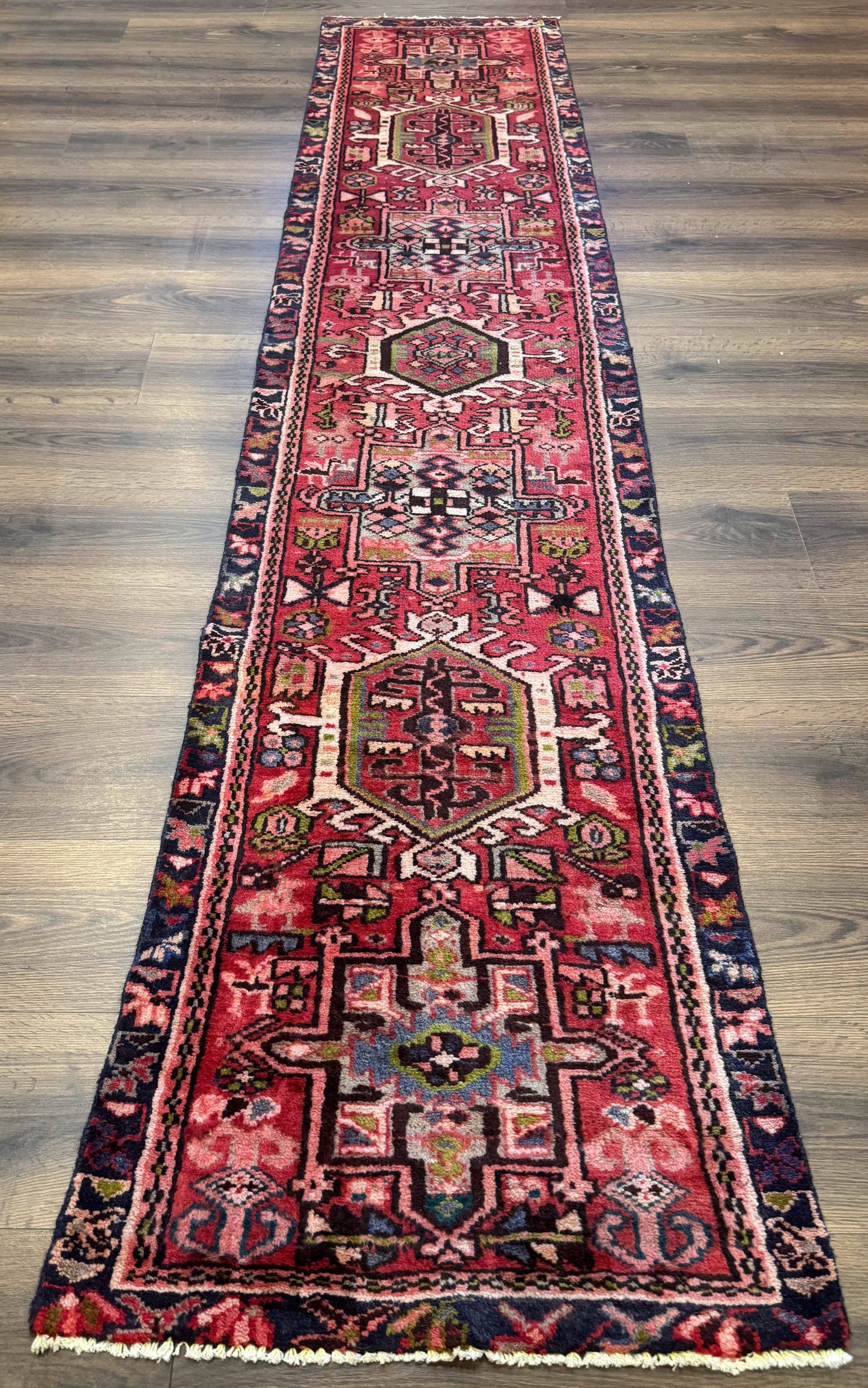 Persian Heriz Karajeh Runner Rug 2x9 With Bold Geometric Medallions In Red Navy