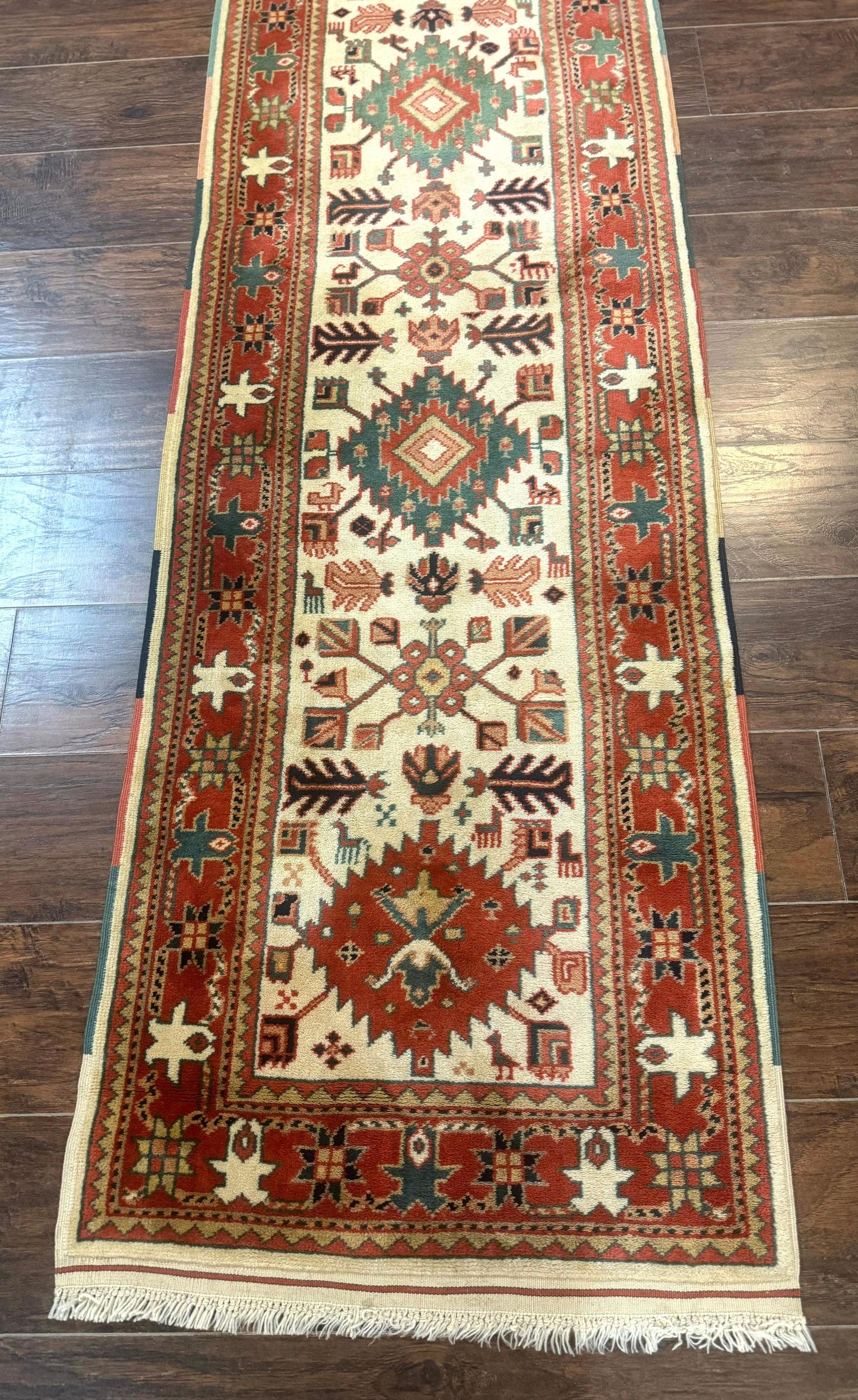Turkish Runner Rug 2.4 By 8 Feet Kazak Geometric Heriz Pattern Beige And Red Hand Knotted Wool