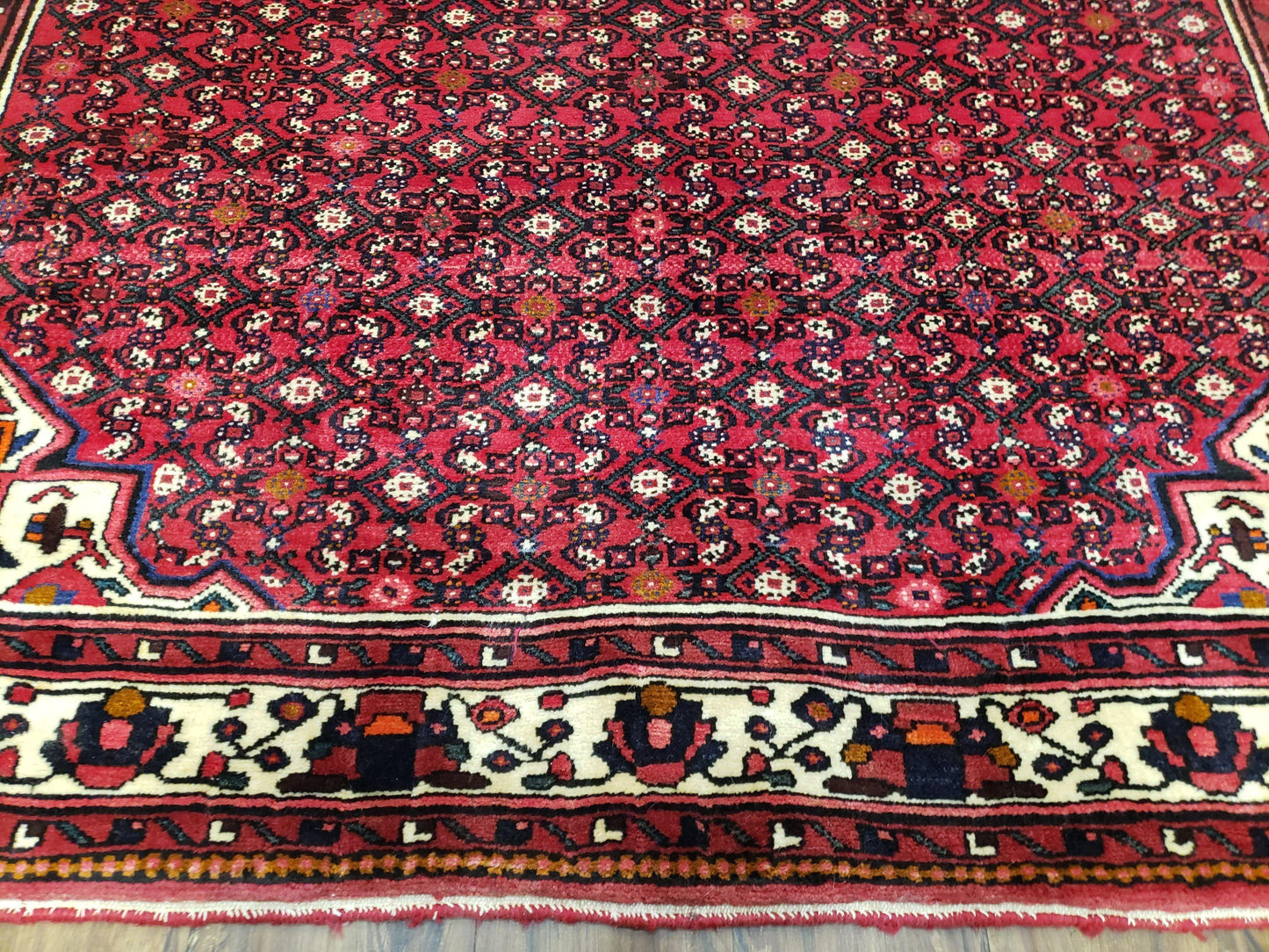 Vintage Persian Hamedan Rug 7x10 Hand Knotted Wool Mahi Pattern Red