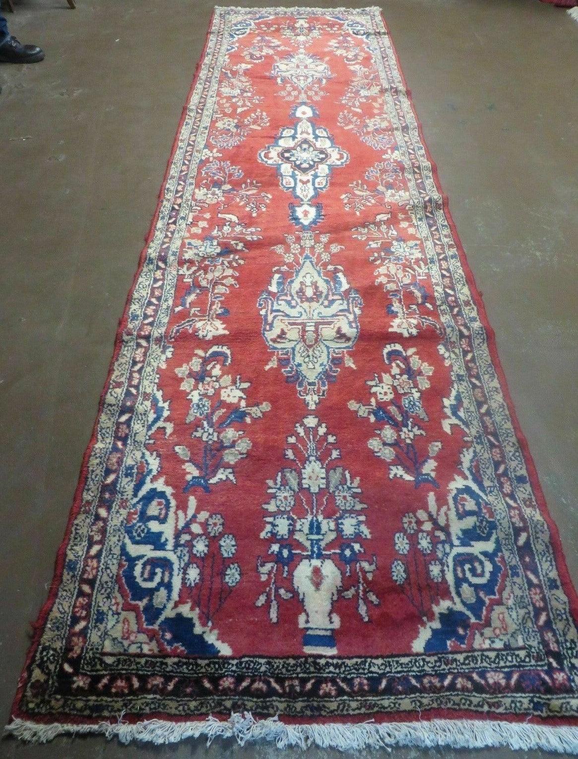 Persian Runner Rug 3x12 Vintage Wool Oriental Floral Red And Navy