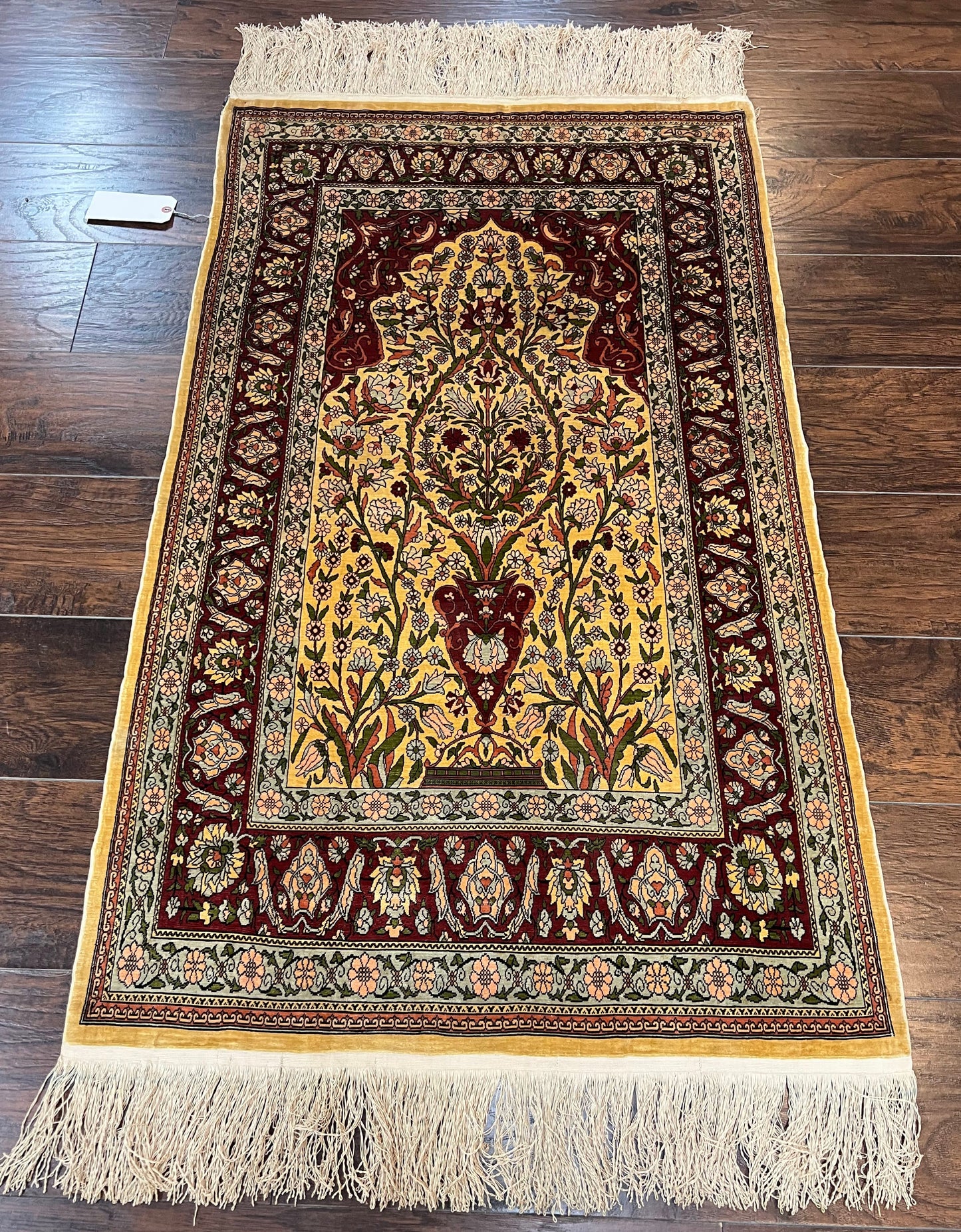 Hereke Silk Prayer Rug Tree of Life Handmade in Gold Burgundy