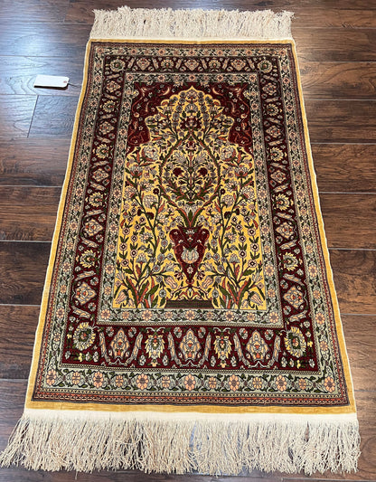 Hereke Silk Prayer Rug Tree of Life Handmade in Gold Burgundy