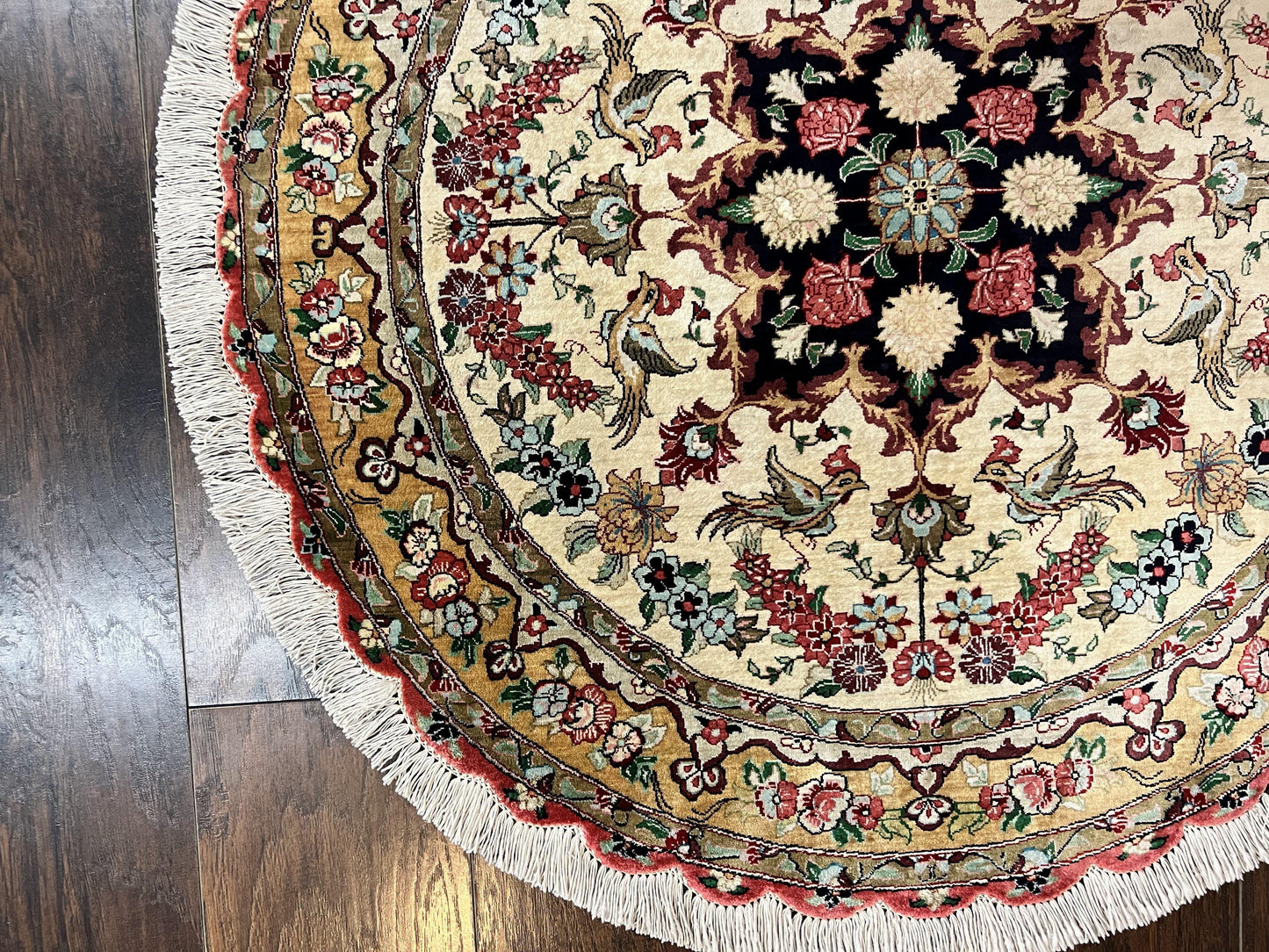 Silk Persian Tabriz Round Rug 3x3 Ft Hand Knotted Carpet Cream Gold Floral Birds