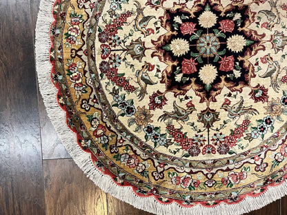 Silk Persian Tabriz Round Rug 3x3 Ft Hand Knotted Carpet Cream Gold Floral Birds