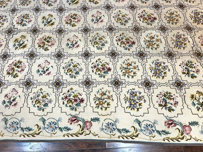 Needlepoint Rug 10x14 Wool Handmade Vintage Floral Panel Ivory Cream