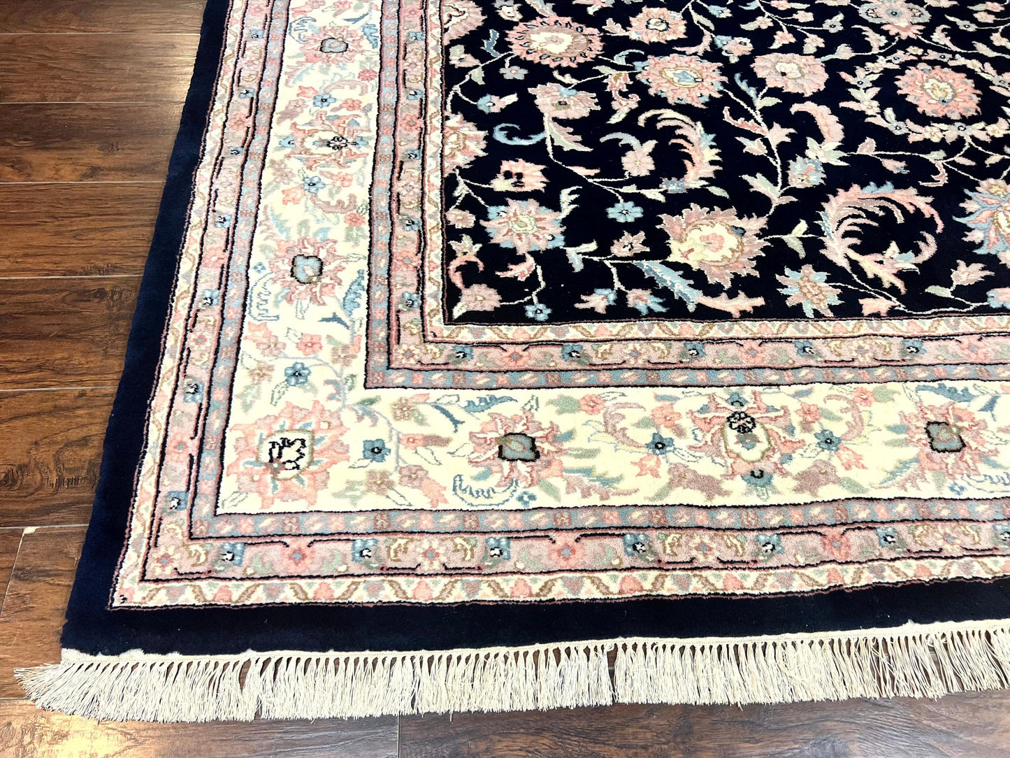 Indo Persian Rug 9x12 Wool Handmade Floral Allover Navy Ivory Vintage Carpet