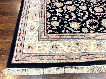 Indo Persian Rug 9x12 Wool Handmade Floral Allover Navy Ivory Vintage Carpet