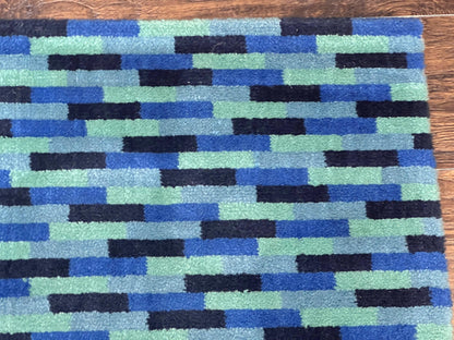 Wool Runner Rug Blue Multicolor Mosaic Design 4.7 x 12 Contemporary Power Loomed