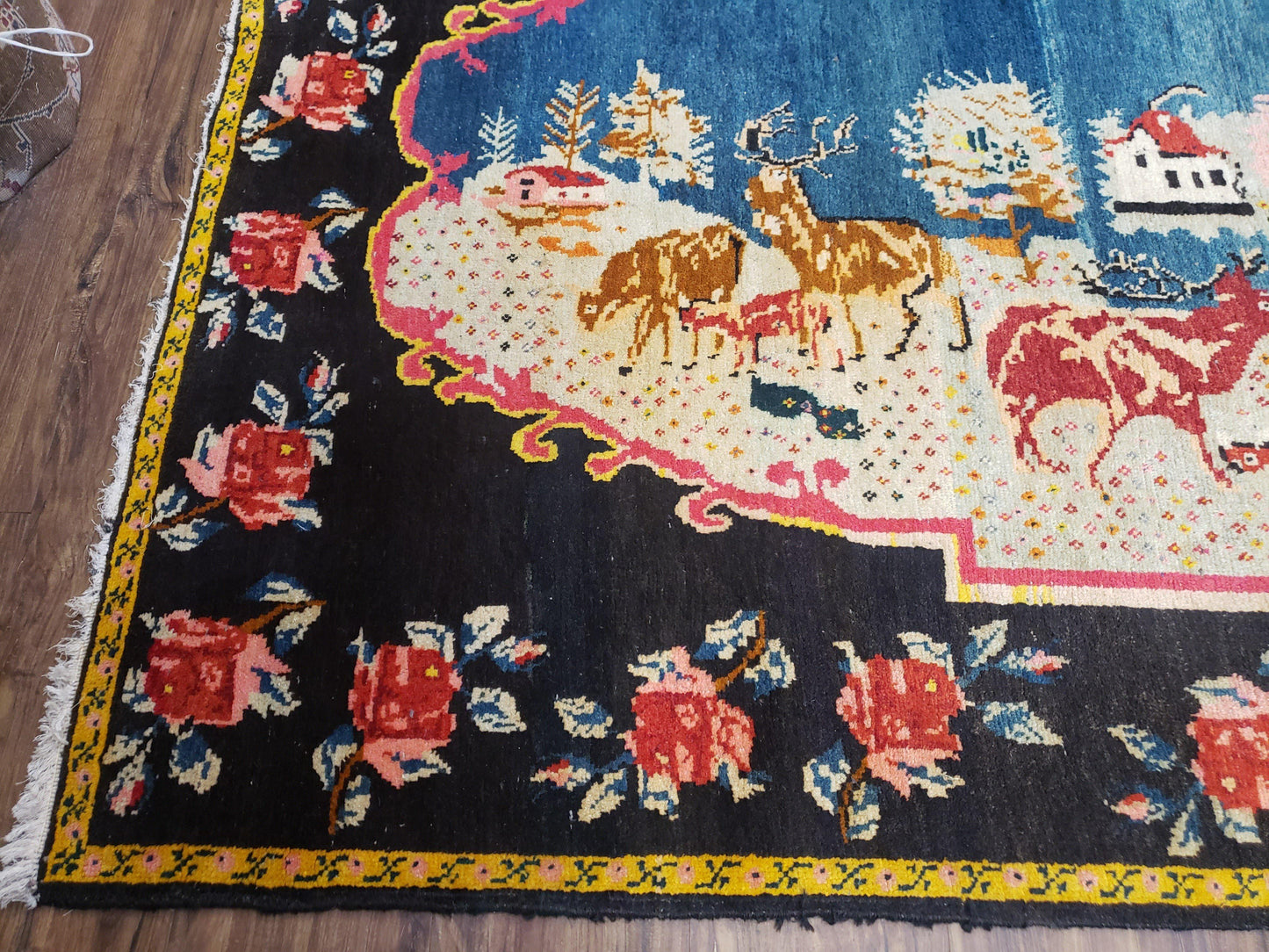 Antique Persian Pictorial Rug Hand Knotted Wool Carpet 4ft 6in By 9ft Blue Roses Caucasian