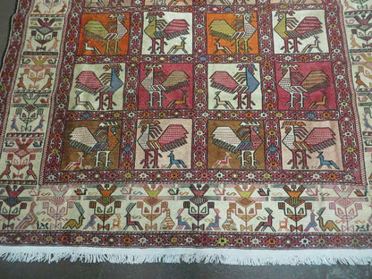 Vintage Russian Kilim Rug Handmade Flat Weave Soumak Silk Wool 4x6 Roosters Birds