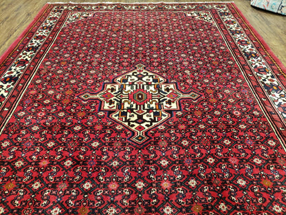 Vintage Persian Hamedan Rug 7x10 Hand Knotted Wool Mahi Pattern Red