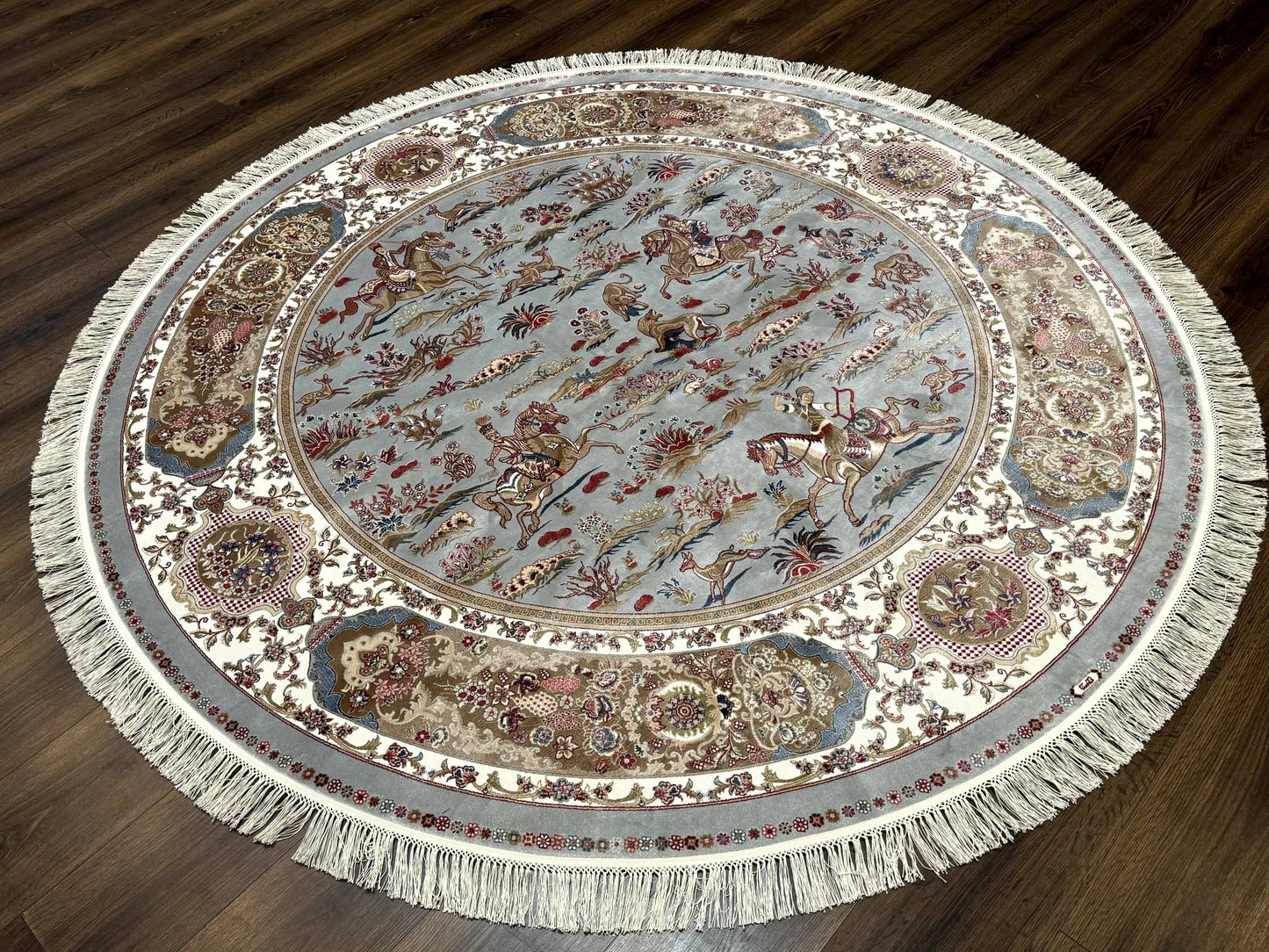 Round Silk Rug 6x6 Bamboo Silk Hunting Design With Animal Pictorials