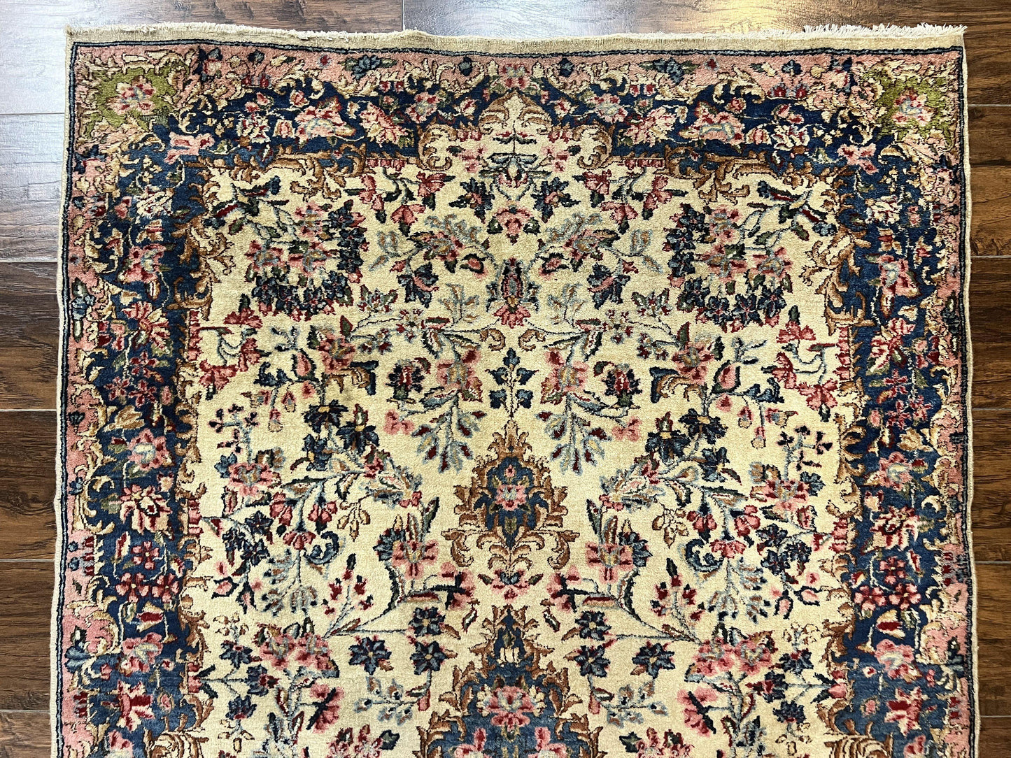 Antique Persian Kirman Rug 4x7 Hand Knotted Wool Floral Carpet Cream And Navy