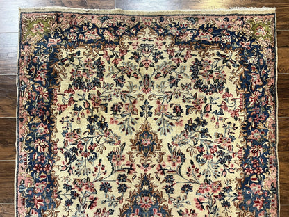 Antique Persian Kirman Rug 4x7 Hand Knotted Wool Floral Carpet Cream And Navy