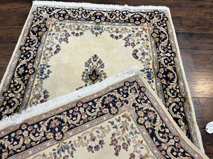 Persian Kirman Rug 4x7 Hand Knotted Wool Antique Carpet Beige Medallion Design