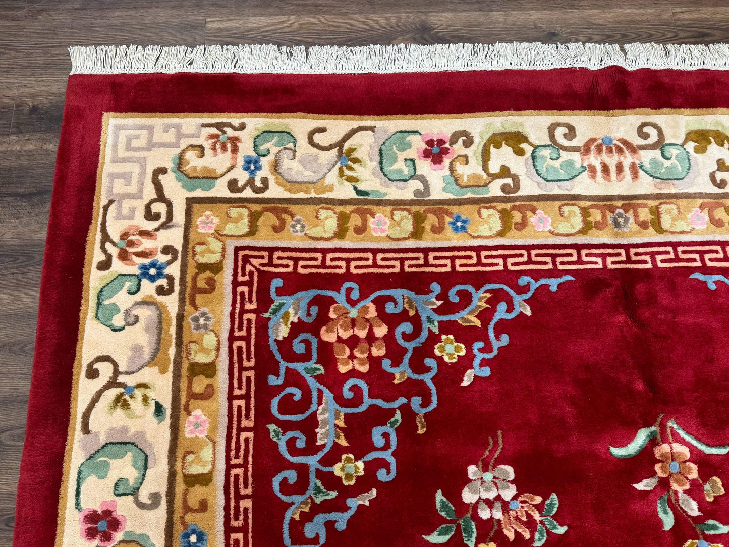 Indo Chinese Wool Rug 9x12 Vintage Red Art Deco Hand Knotted