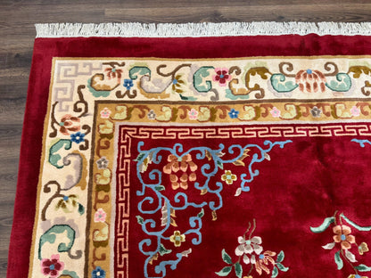 Indo Chinese Wool Rug 9x12 Vintage Red Art Deco Hand Knotted