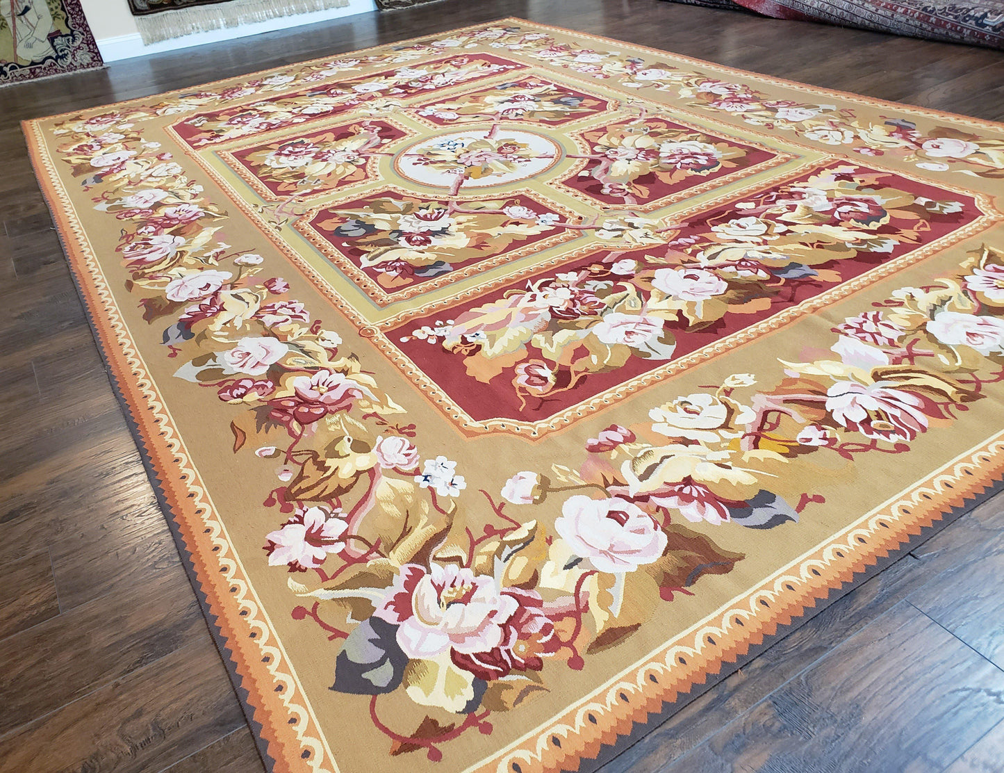 Vintage Handwoven Wool Aubusson Savonnerie Rug 9x14 Red Khaki Floral Design