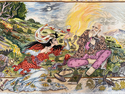 Persian Tabriz Pictorial Rug Hand Knotted Wool 5x3 Hafez Poetry Border