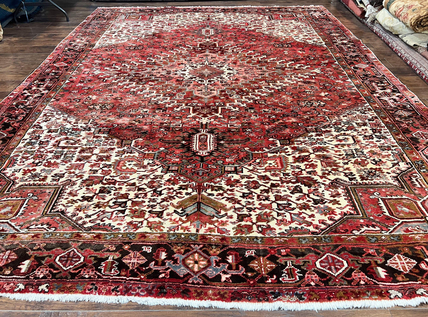 Persian Heriz Rug 10x13 Handmade Wool Hand Knotted Red Cream Geometric Tribal Semi Antique Carpet