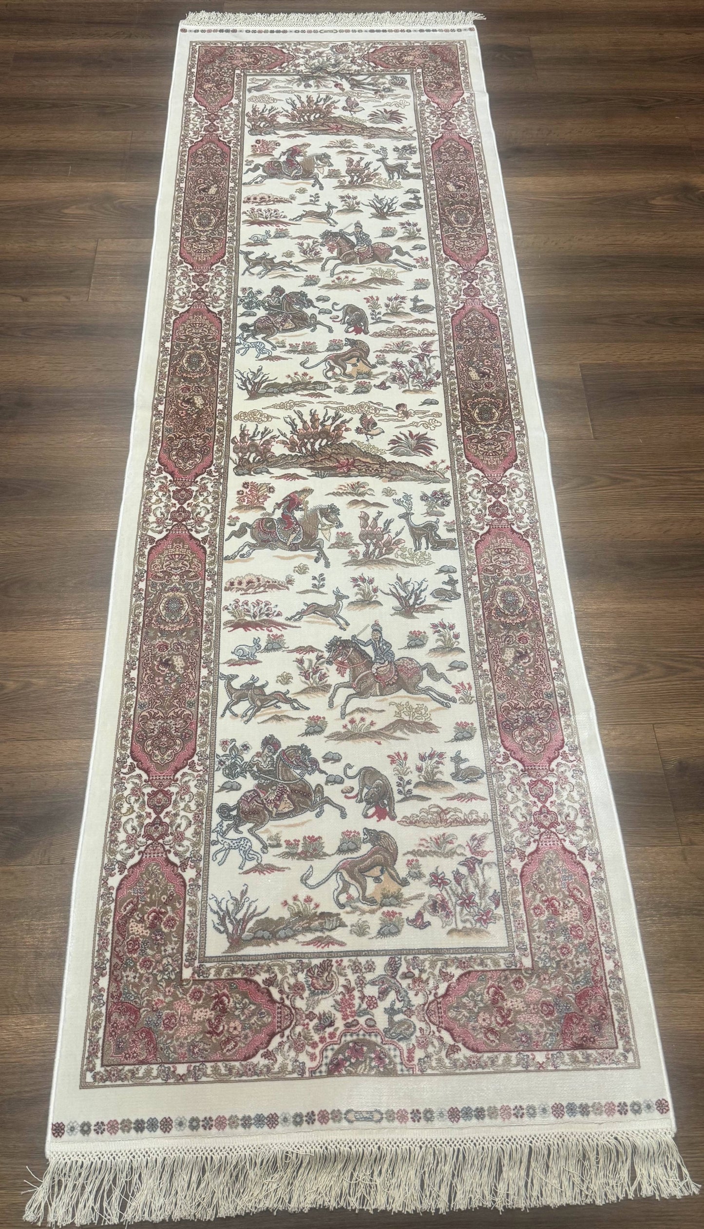 Turkish Silk Runner Rug 2.6 x 8 Ivory Bamboo Silk Hunting Design