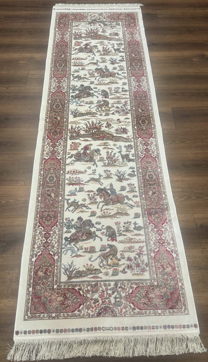 Turkish Silk Runner Rug 2.6 x 8 Ivory Bamboo Silk Hunting Design