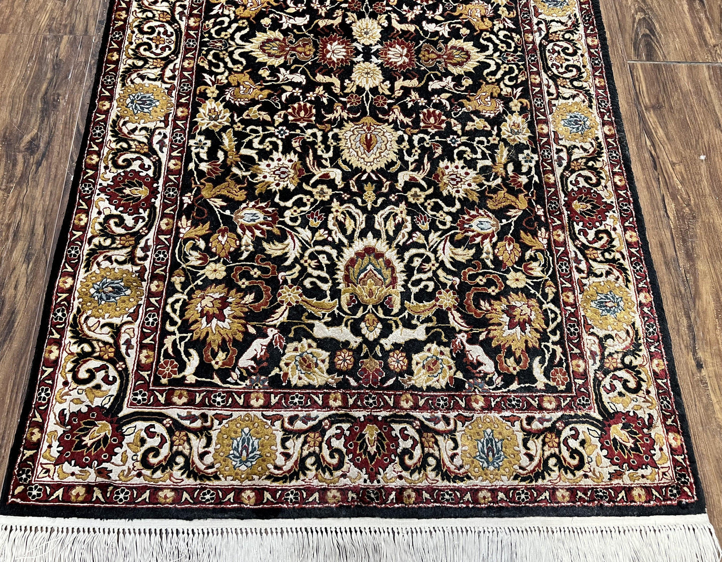 Sino Persian Silk Rug 3x5 Vintage Hand Knotted Carpet Black Ivory Gold With Floral And Animal Motifs