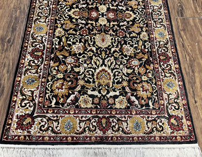 Sino Persian Silk Rug 3x5 Vintage Hand Knotted Carpet Black Ivory Gold With Floral And Animal Motifs