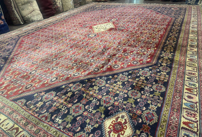 Persian Shiraz Rug 13x19 Oversized Herati Hex Medallion Brick Red Navy Beige