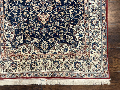 Persian Nain Rug Super Fine Hand Knotted Wool Silk Accents Navy Blue Ivory 3.6 X 5.4