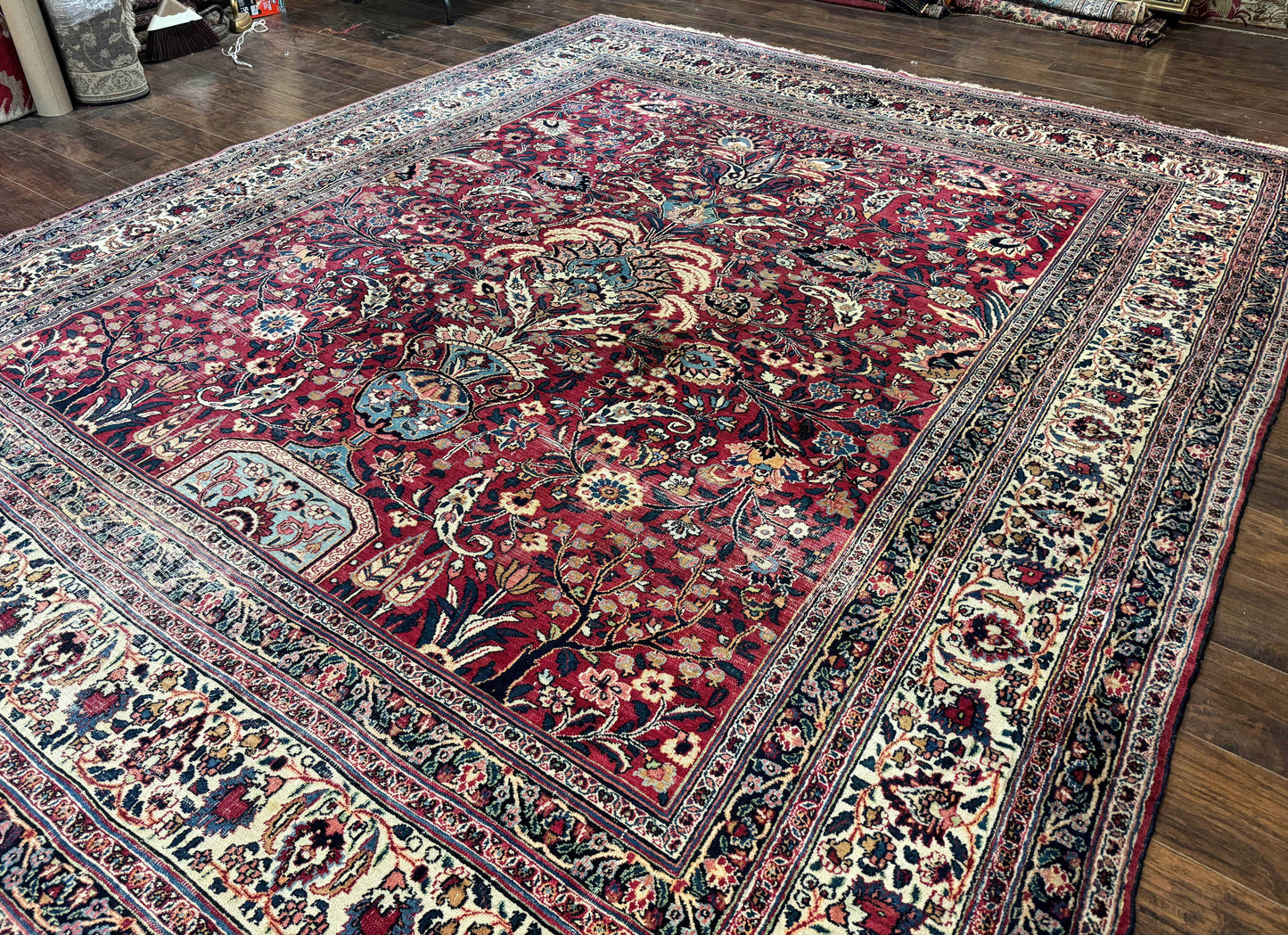 Antique Persian Mashad Rug 10x12 Hand Knotted Signed By Master Weaver Red Ivory Wool