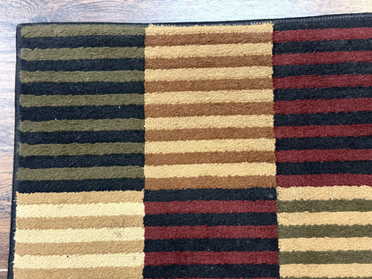 Vintage Power Loomed Wool Rug 3.6 X 5 Box Design In Brown Beige Black Tan