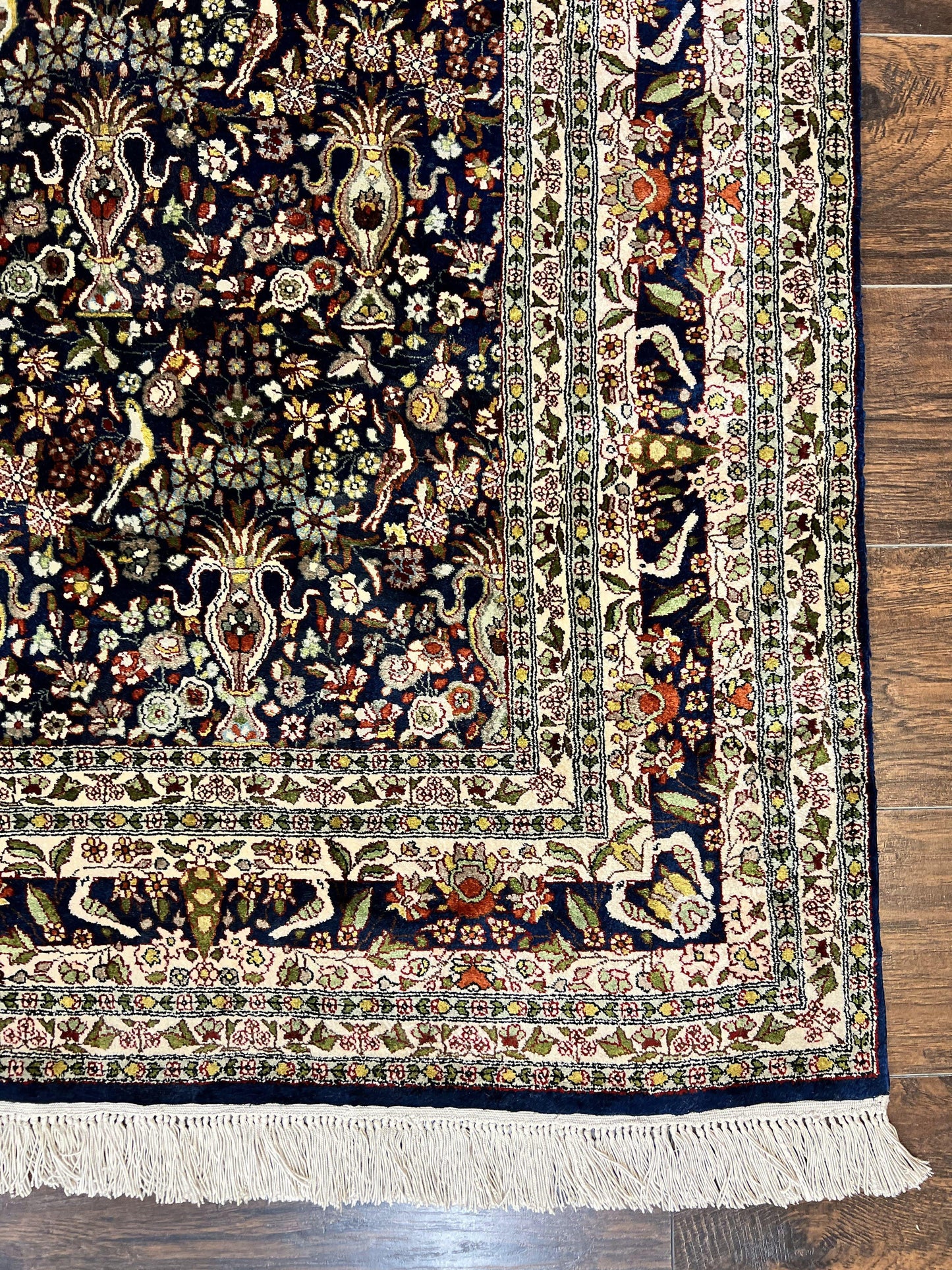 Kashmiri Silk Rug 5x7 Navy Blue Indo Persian Hand Knotted Birds Pattern Silk Carpet