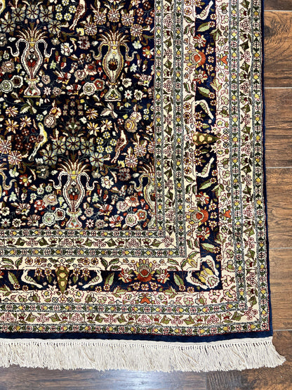 Kashmiri Silk Rug 5x7 Navy Blue Indo Persian Hand Knotted Birds Pattern Silk Carpet