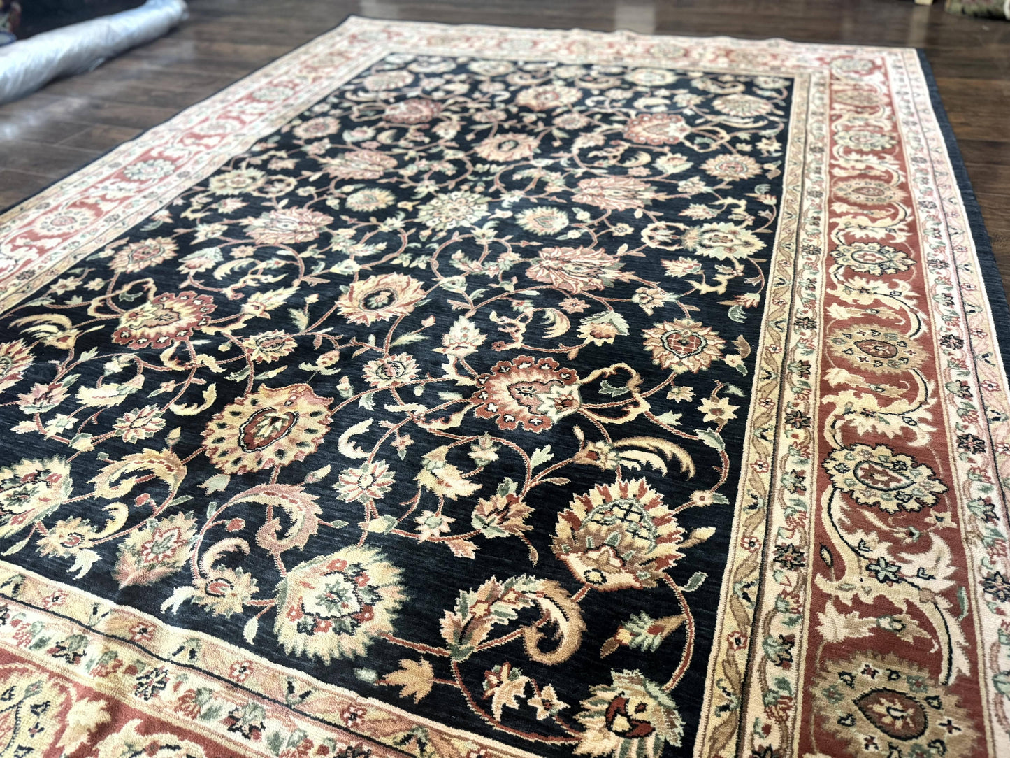 Vintage Oriental Rug 8x11 Floral Persian Design Turkish Power Loomed Rug Navy Blue Red Cream