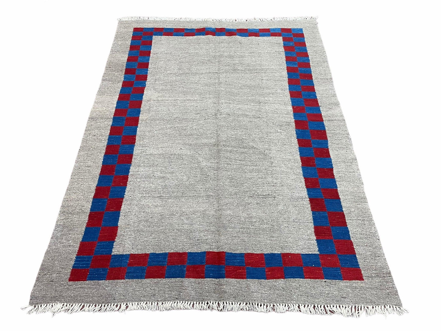Turkish Kilim Rug Hand Knotted Wool Geometric Gray Blue Red Border 5 Ft 7 In By 7 Ft 7 In