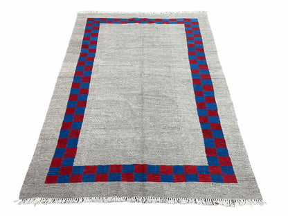 Turkish Kilim Rug Hand Knotted Wool Geometric Gray Blue Red Border 5 Ft 7 In By 7 Ft 7 In