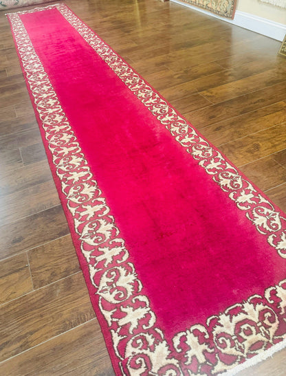 Red Persian Kerman Runner Rug 3x16 Handmade Wool Vintage Hand Knotted