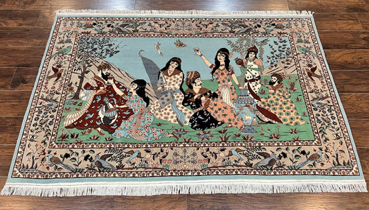 Indo Persian Pictorial Rug 4x7 Hand Knotted Wool Semi Antique Handmade Bird Pictorial Rug