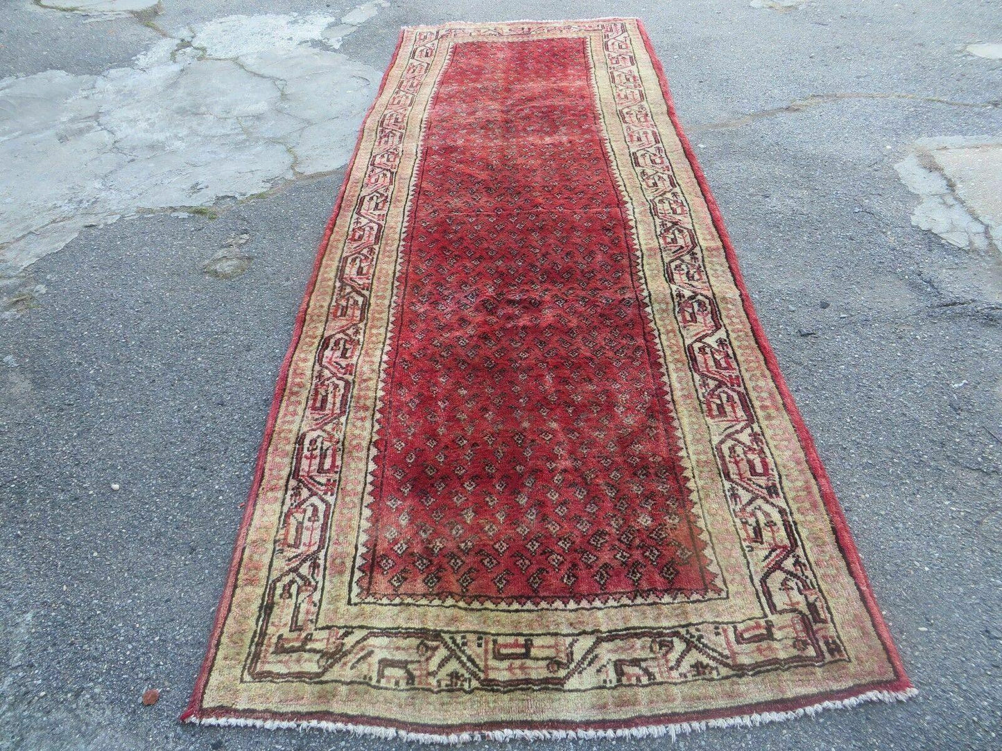 Antique Handmade Wool Runner Rug India Paisley Vintage Design 3 Foot 7 Inch by 10 Foot