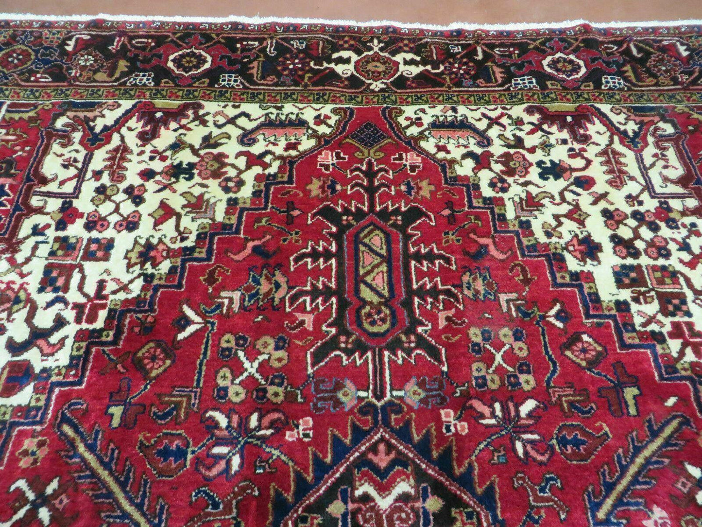 Persian Heriz Rug Hand Knotted Wool Red Ivory Dark Blue 8 Foot 6 Inch By 11 Foot Geometric Medallion Semi Antique