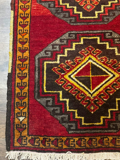 Turkish Yastik Rug 2x3 Antique Red Wool With Double Medallions Geometric Design
