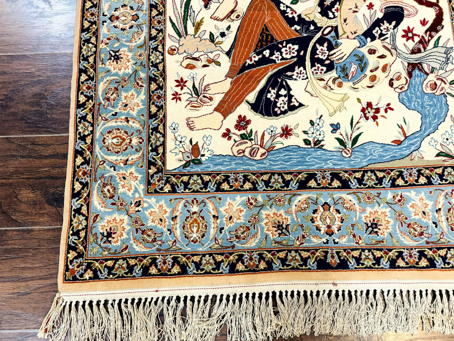 Persian Isfahan Pictorial Rug Two Lovers Kork Wool On Silk Foundation Ivory And Light Blue 500 KPSI Super Fine
