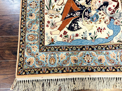 Persian Isfahan Pictorial Rug Two Lovers Kork Wool On Silk Foundation Ivory And Light Blue 500 KPSI Super Fine
