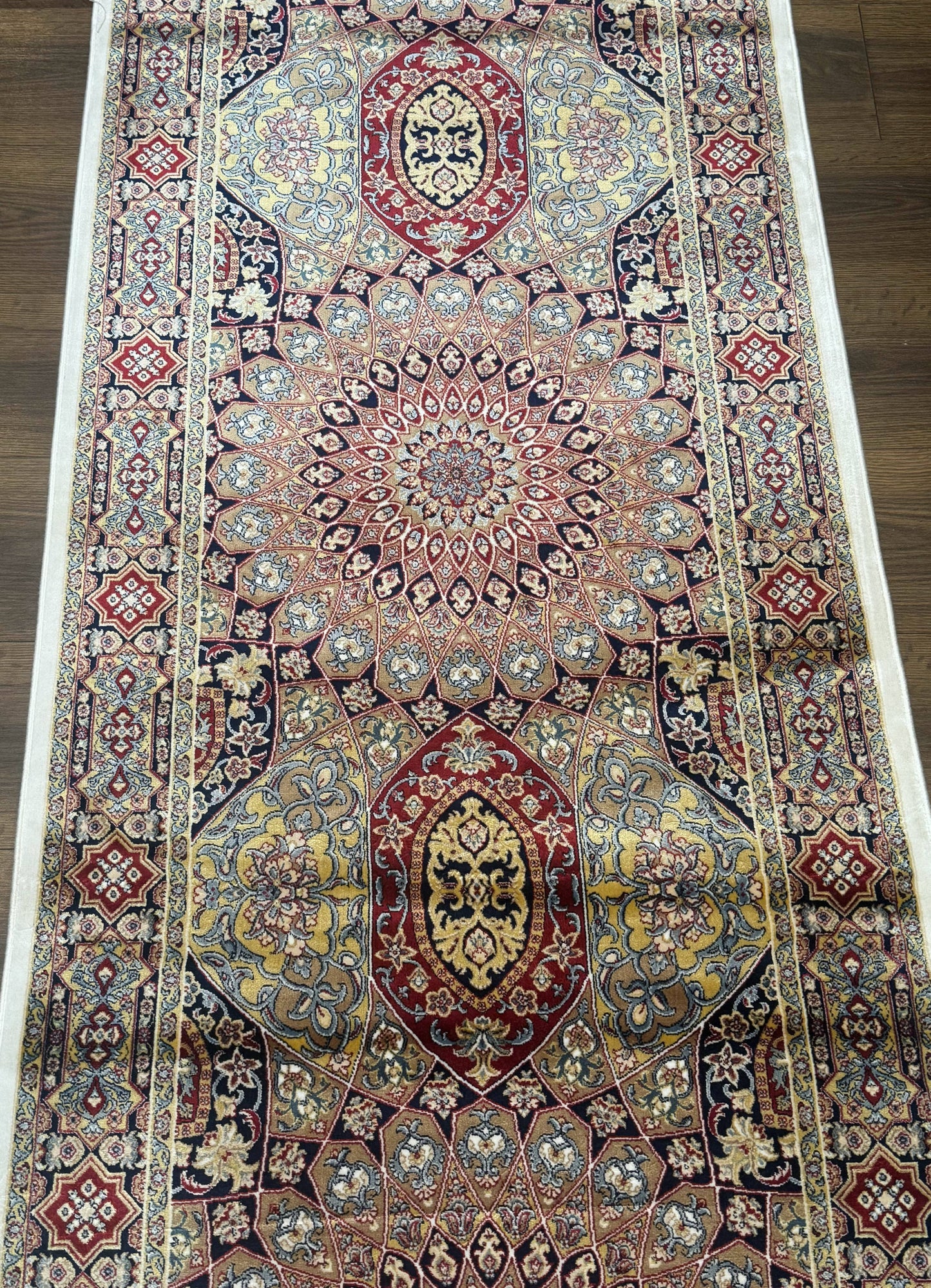 Turkish Silk Runner Rug 2.6x10 Dome Design Hereke Bamboo Silk Classic Runner