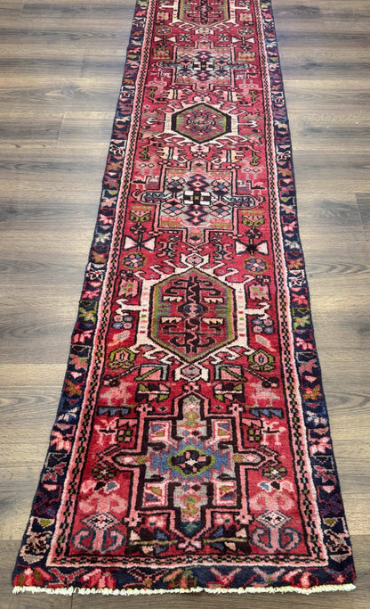 Persian Heriz Karajeh Runner Rug 2x9 With Bold Geometric Medallions In Red Navy