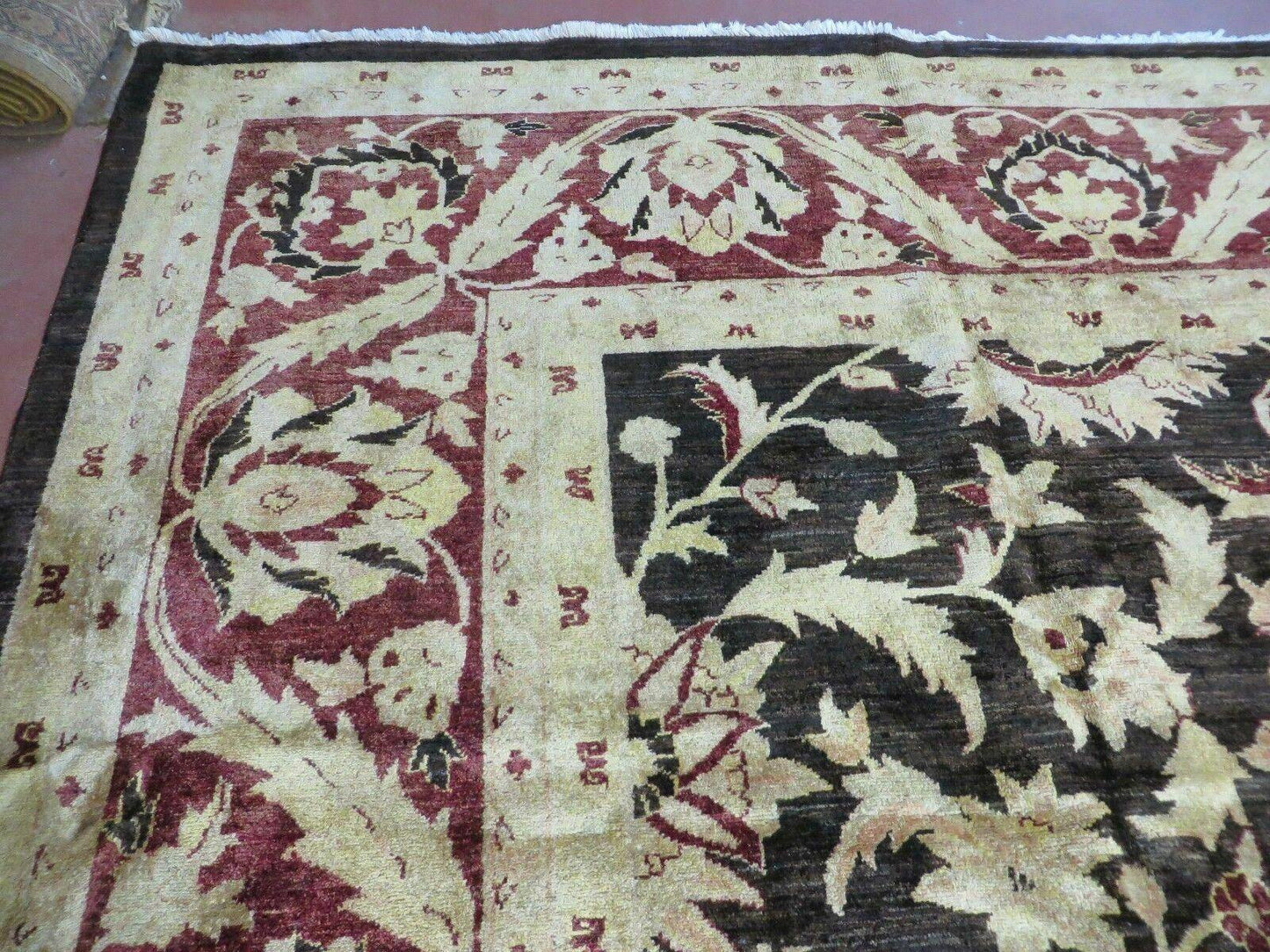 Vintage Indian Agra Hand Knotted Wool Rug 11x15 Floral Dark Brown
