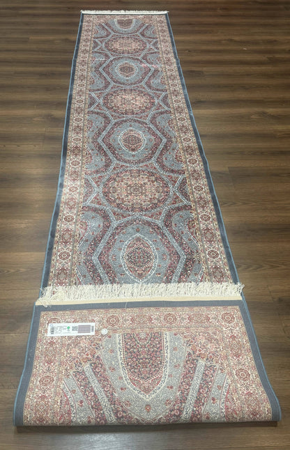 Turkish Silk Runner Rug 2.6 x 13 Blue Dome Design Bamboo Silk New